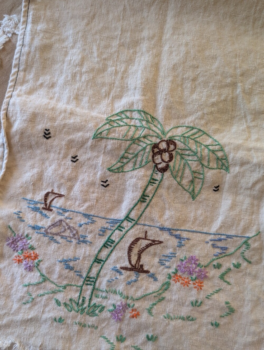 Vintage beach scene dresser scarf, double sided, project piece